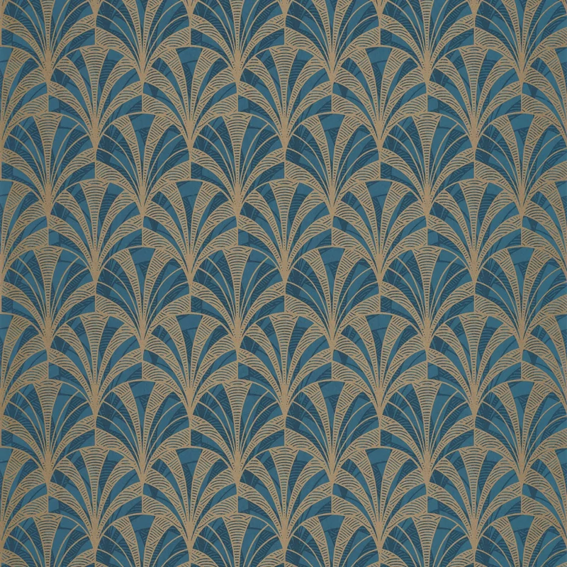 Casadeco Pálmalevél mintás art deco kék-arany vlies tapéta 1930 Palmette Bleu 53 cm X 10 m