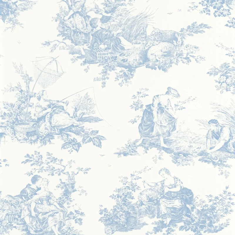 Casadeco halványkék vlies tapéta romantikus mintával Scene D'été Bleu Porcelaine 53 cm X 10 m