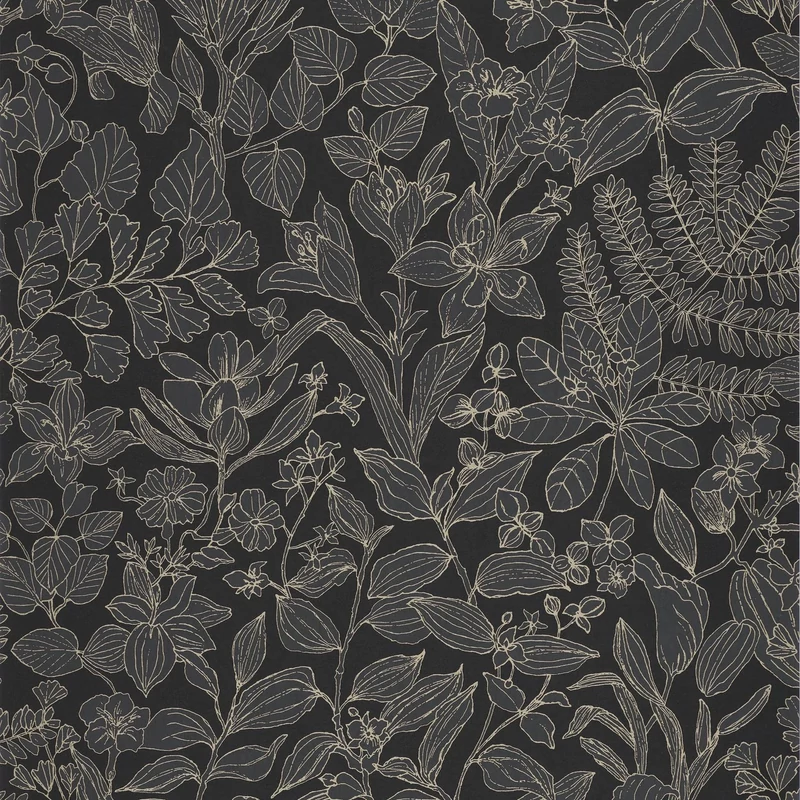 Casadeco Botanikai mintás modern fekete vlies tapéta Esquisse Noir Fusain 53 cm X 10 m