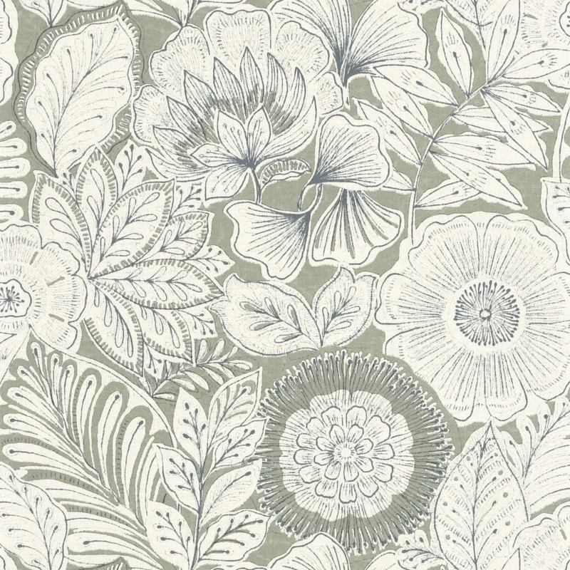 Casadeco Szövethatású virág mintás fehér-zöld vinyl tapéta Batik Vert Sauge 53 cm X 10 m