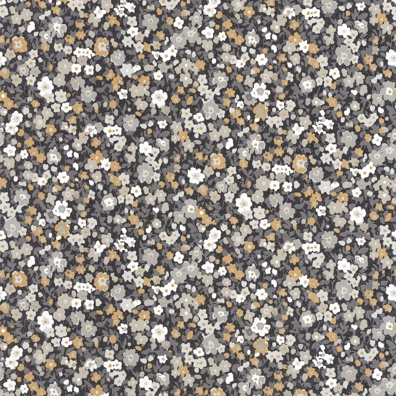 Casadeco Apró virág mintás romantikus fekete-barna vlies tapéta Pansy Noir/Camel 53 cm X 10 m