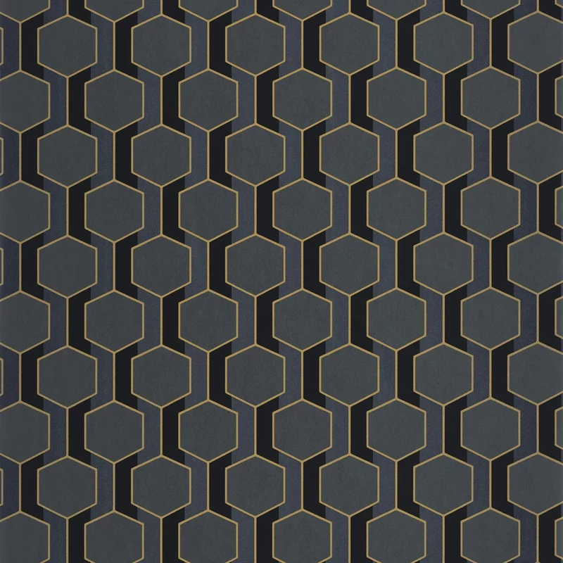 Casadeco Fekete-arany geometriai mintás vlies tapéta Hamilton Noir Reglisse 53 cm X 10 m