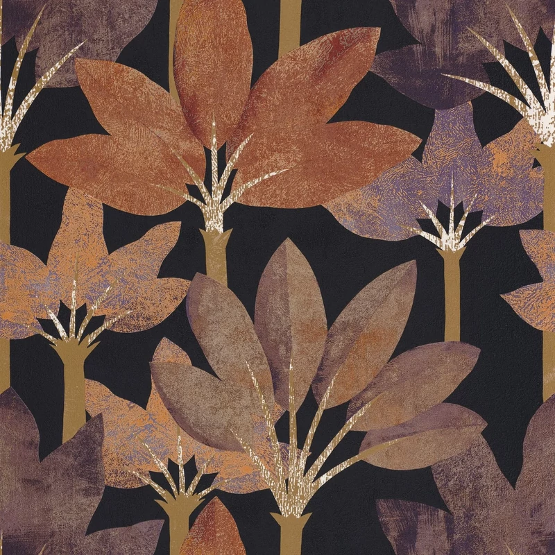 Casadeco Elegáns pálmaleveles fekete-rozsdabarna vinyl tapéta Babel Encre/Rouille 53 cm X 10 m