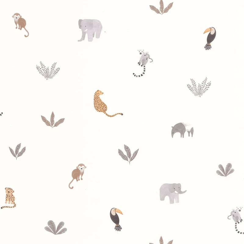 Casadeco Apró állatmintás szürke-fehér vlies tapéta Companions Of The Jungle Naturel 53 cm X 10 m