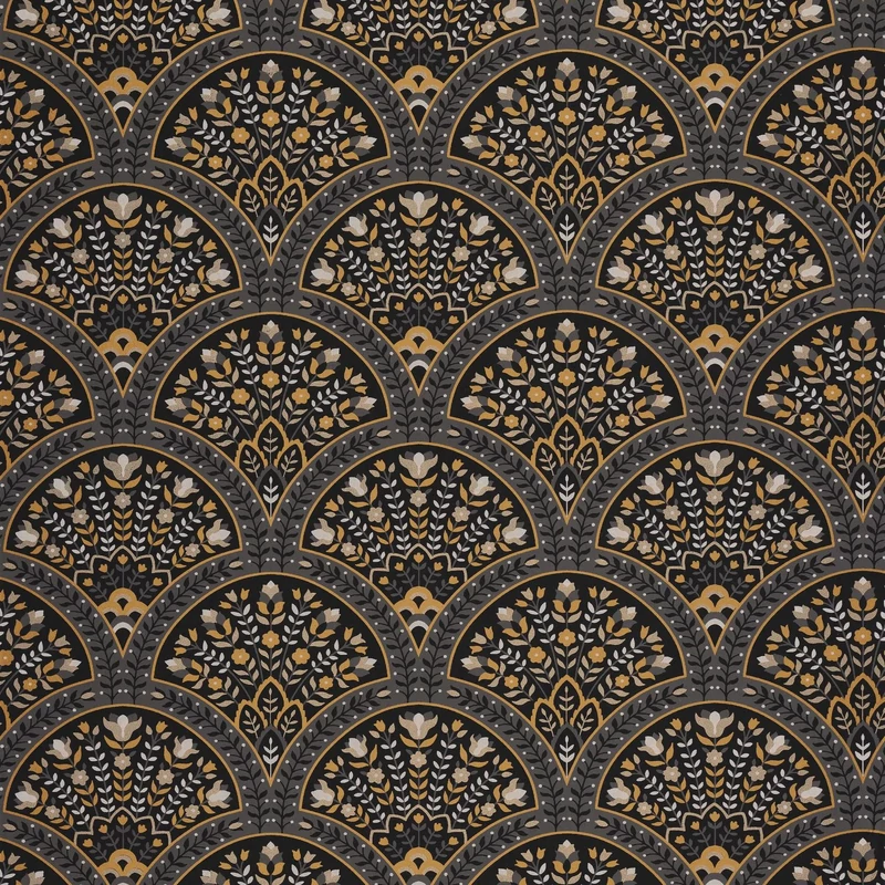 Casadeco legyező mintás sötétbarna vlies tapéta Wallace Noir Fusaine 53 cm X 10 m