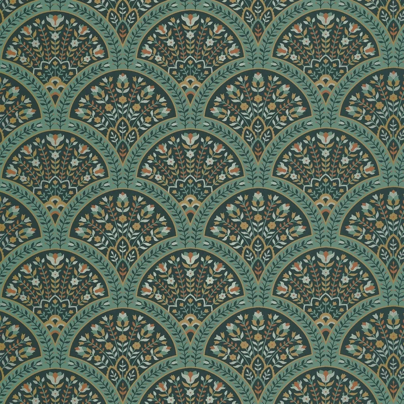 Casadeco legyező mintás kékes zöld vlies tapéta Wallace Canopee 53 cm X 10 m