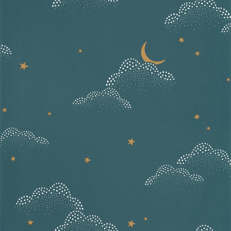 Caselio Felhő mintás sötétkék vlies tapéta csillagokkal S'Evader Bleu Nuit 53 cm X 10 m