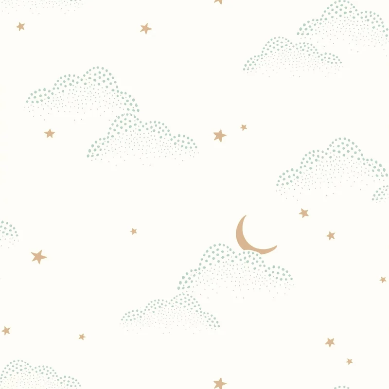 Caselio Felhő mintás fehér vlies tapéta csillagokkal S'Evader Menthe 53 cm X 10 m