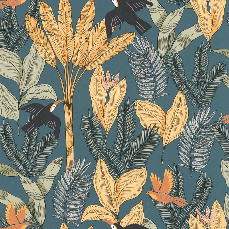Caselio Trópusi dzsungel mintás sötétkék vlies tapéta Explorer Bleu Nuit 53 cm X 10 m