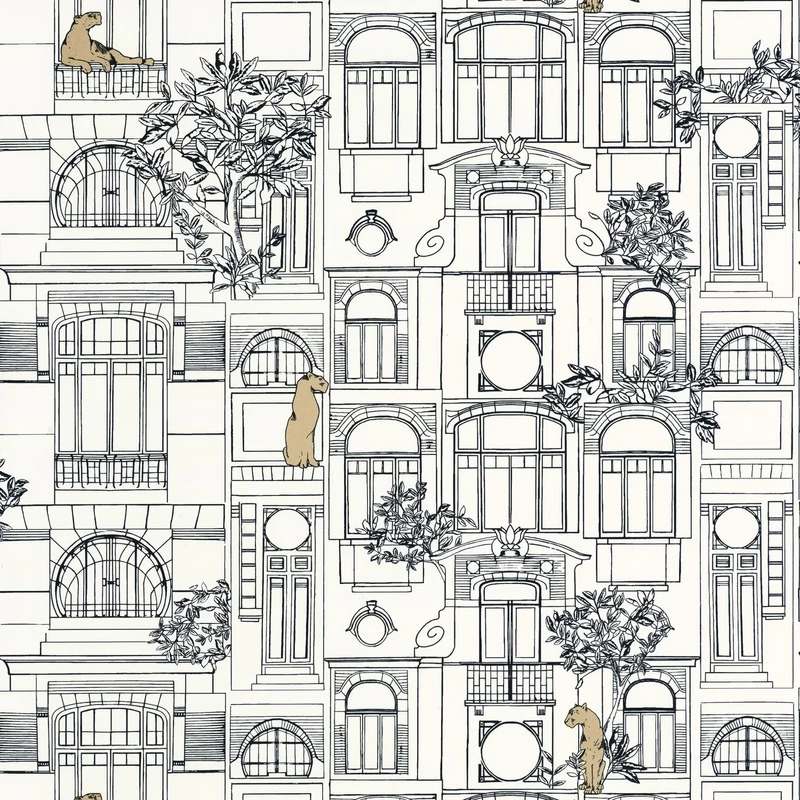 Caselio Épület mintás art deco fehér-fekete vinyl tapéta párduccal James Noir Blanc Or 53 cm X 10 m