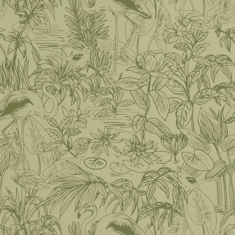 Caselio Flamingó mintás elegáns keki zöld vinyl tapéta Le Cap Vert Kaki 53 cm X 10 m