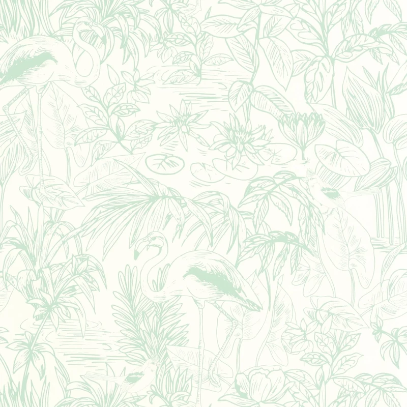 Caselio Flamingó mintás elegáns zöld vinyl tapéta Le Cap Vert D'Eau 53 cm X 10 m