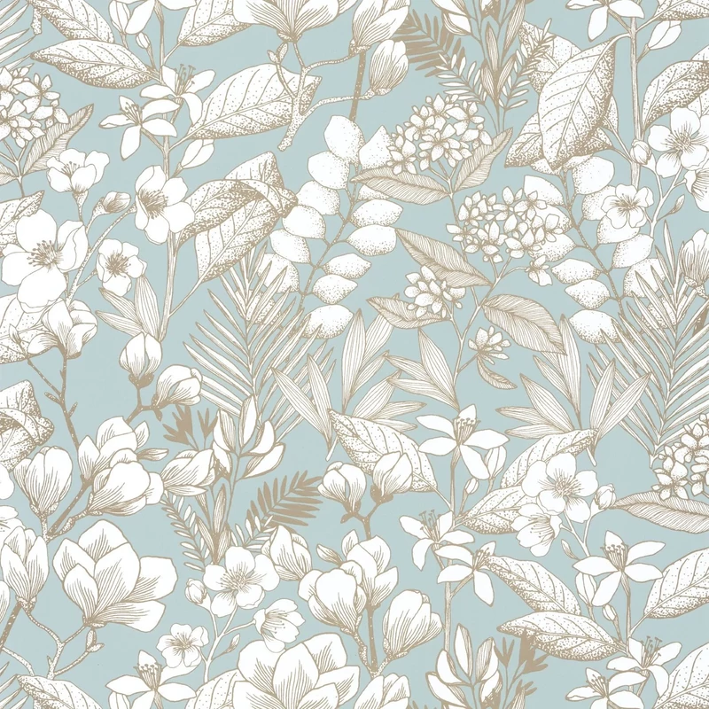 Caselio Romantikus botanikai mintás kék-arany vlies tapéta Lovely Field Smoke Blue Dore 53 cm X 10 m