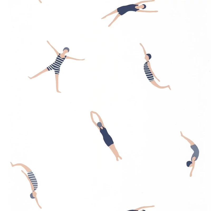 Caselio Modern fehér-kék vinyl tapéta úszókkal Funny Swim Midnight Blue 53 cm X 10 m