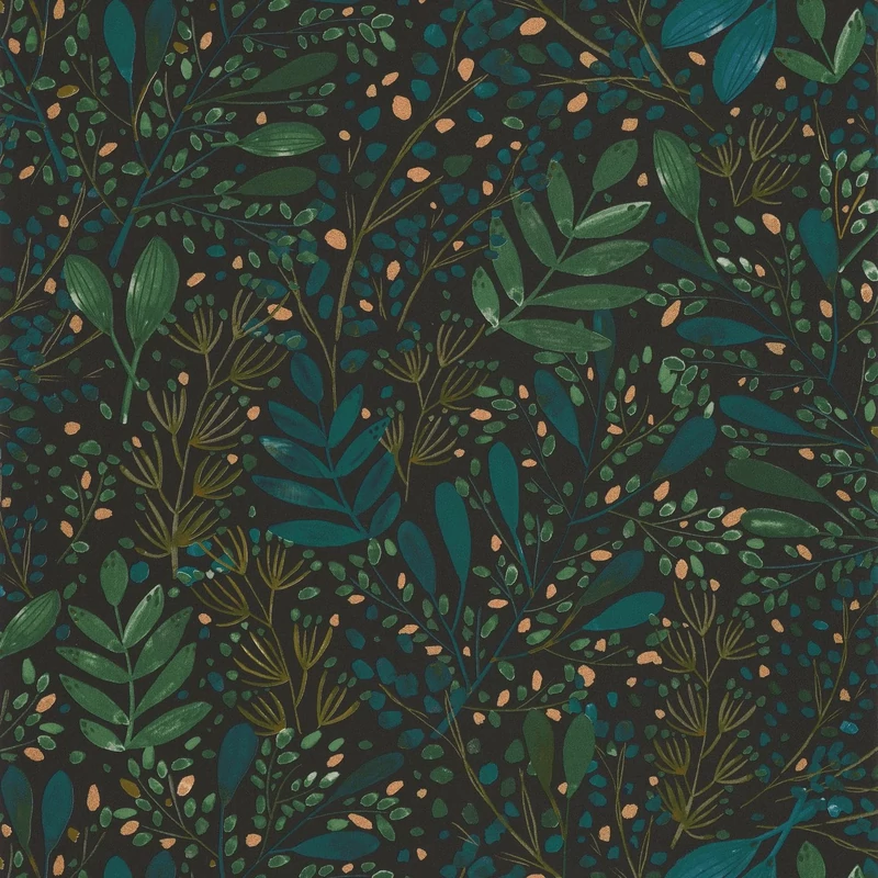 Caselio Modern levél mintás kék-fekete vinyl tapéta Green Life Joy Vert Bleu Or Fond Noir 53 cm X 10 m