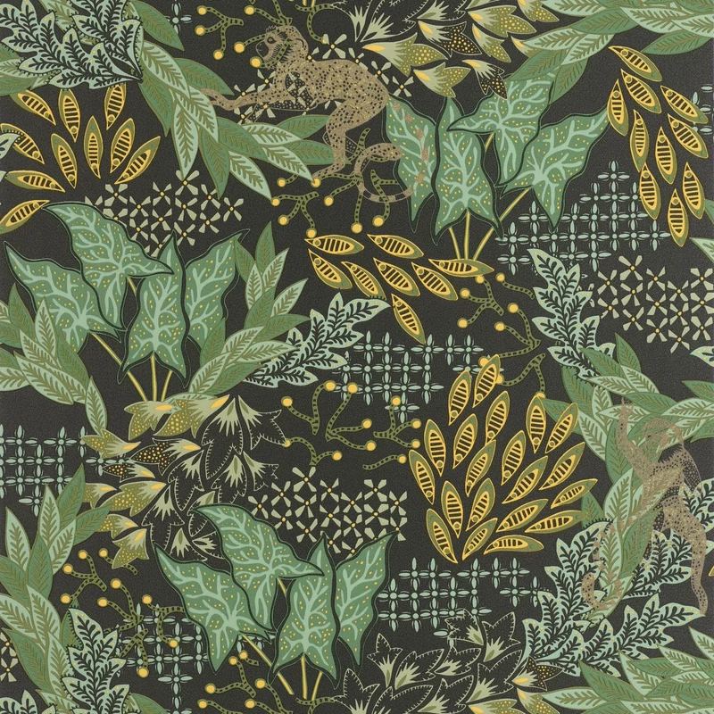 Caselio Trópusi erdő mintás fekete-zöld vlies tapéta Borneo Noir Vert Or 53 cm X 10 m