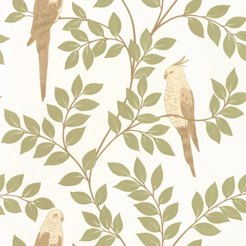 Caselio Levél mintás mandulazöld vinyl tapéta papagájjal Equateur Amande 53 cm X 10 m