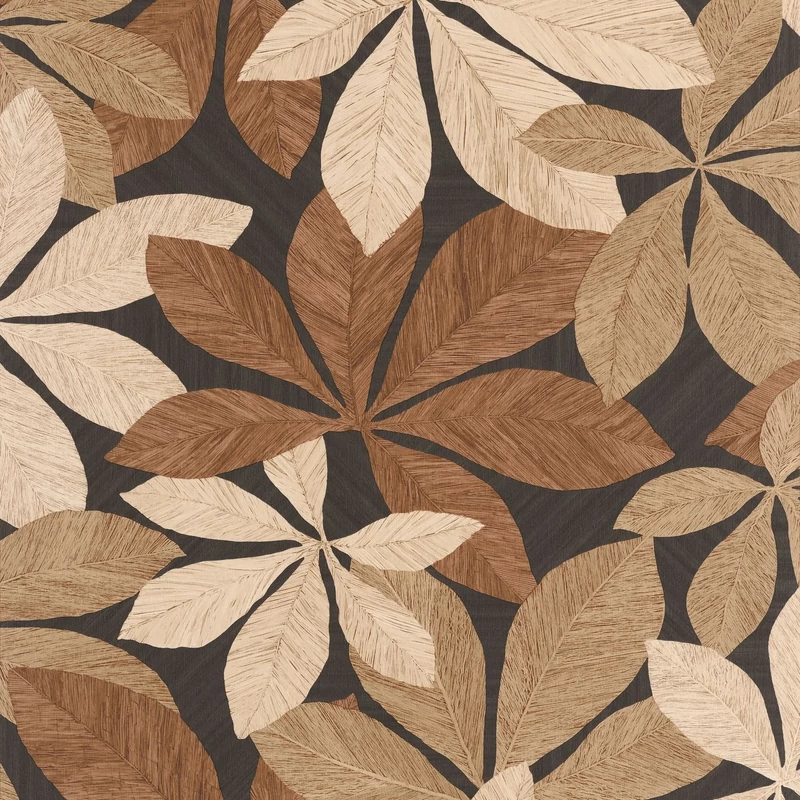 Caselio Nagy levél mintás barna-fekete vinyl tapéta Lignaria Noir 53 cm X 10 m