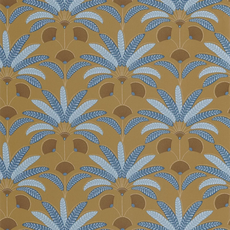 Caselio Pálmafás art deco mustársárga-kék vinyl tapéta Gisele Moutarde 53 cm X 10 m