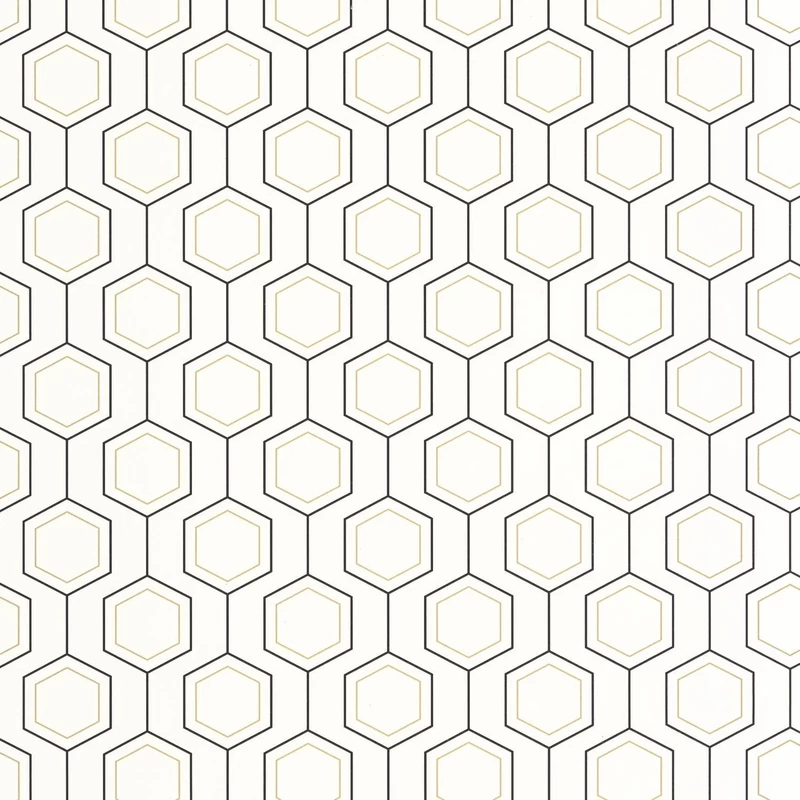 Caselio Geometriai mintás modern fehér-arany vlies tapéta Hexaline Noir Blanc Or 53 cm X 10 m