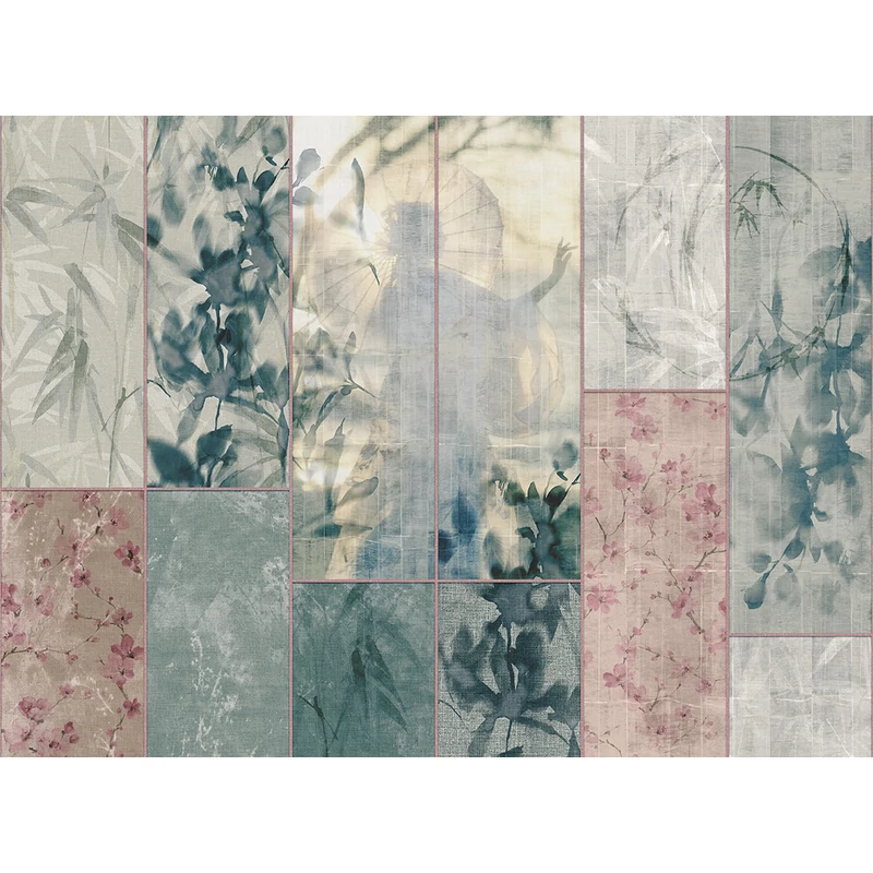 JV Japán nő virágokkal kék vinyl poszter tapéta Sumi Teal 400 cm X 3 m