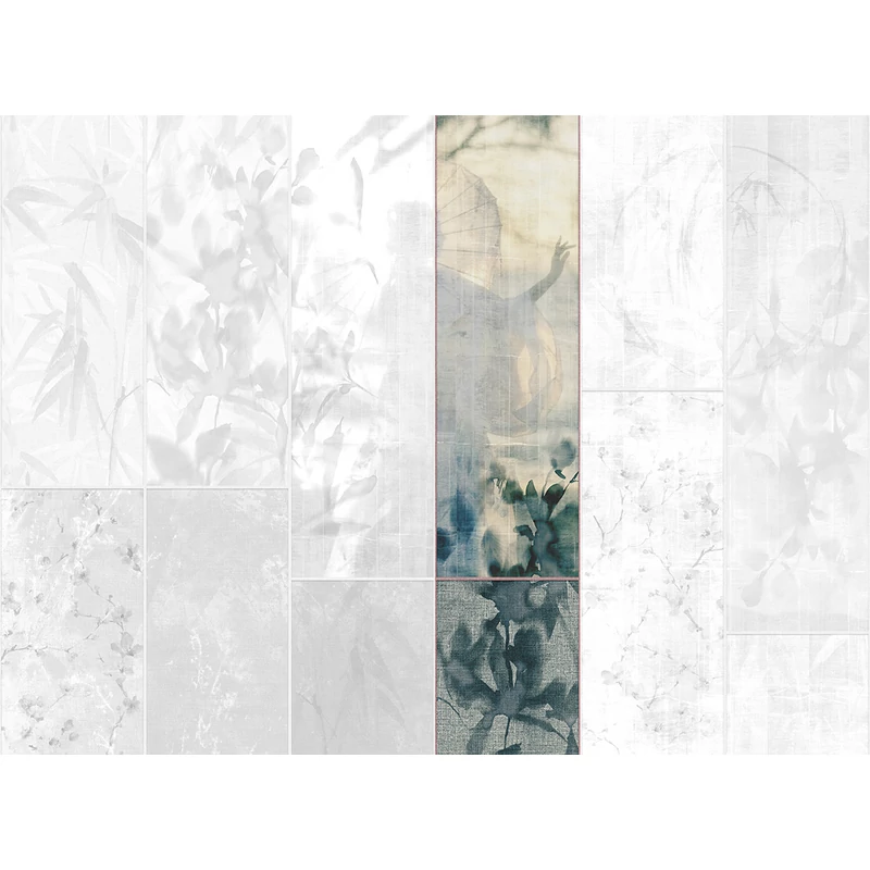 JV Japán nő virágokkal kék vinyl poszter tapéta Sumi Teal 68 cm X 3 m