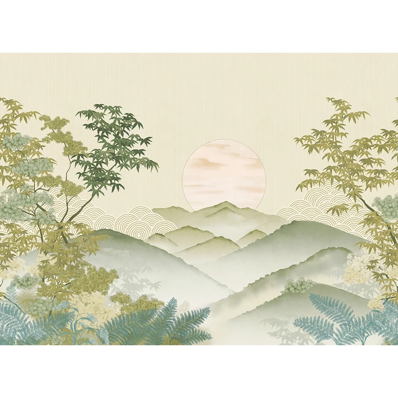 JV Napnyugta japánkertben zöld vinyl tapéta Invermere Green 400 cm X 3 m