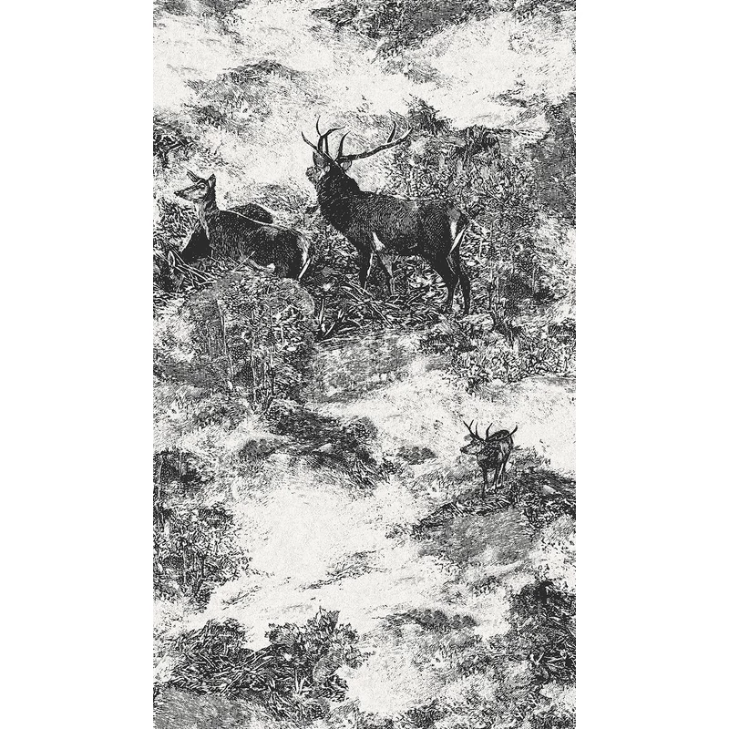 KT-Exclusive Tájkép szarvasokkal fekete-fehér vlies tapéta Sauvage Creme-Black 52 cm X 10 m