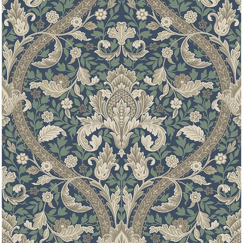 KT-Exclusive Art nouveau stílusú elegáns sötétkék-bézs vlies tapéta British Heritage Dark Blue 52 cm X 10 m