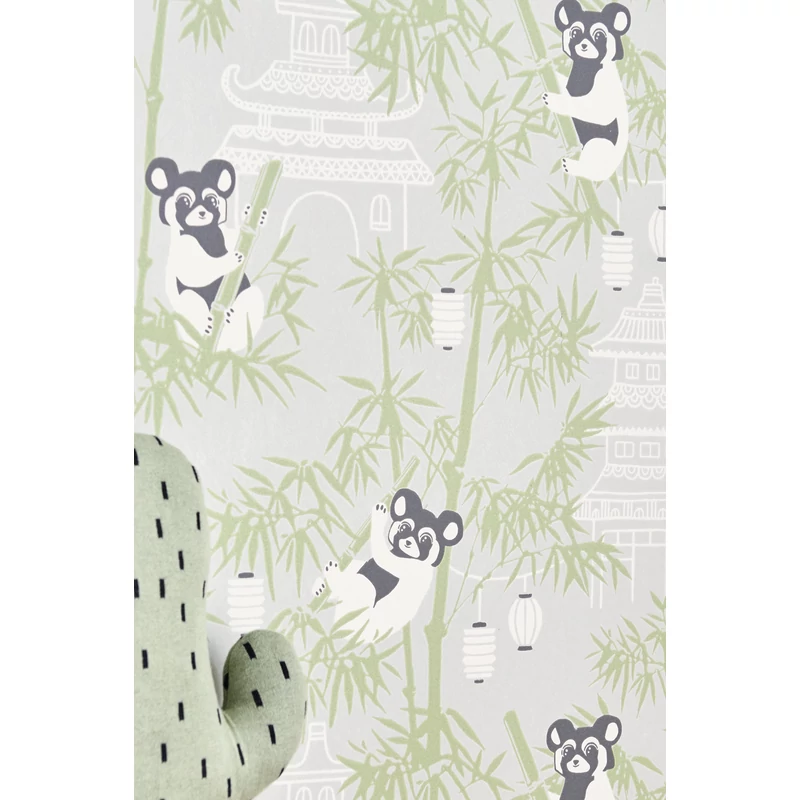 Majvillan Pandák bambuszon szürke vlies gyerek tapéta Bambu Grey 53 cm X 10 m