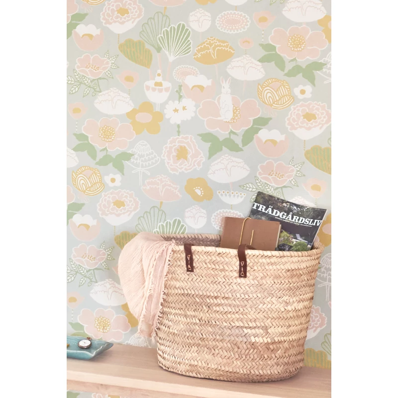 Majvillan Virág mintás nyuszis szürke-sárga vlies gyerek tapéta Little Light Grey 53 cm X 10 m