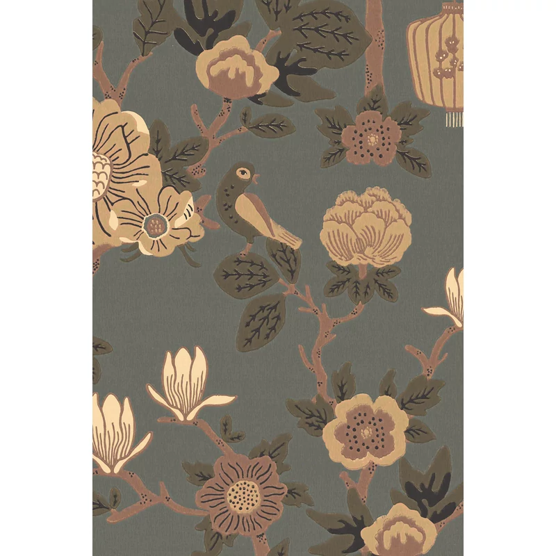 Virágos zöldes kék vlies tapéta Majvillan Tokyo tea Moonlight Pine Green 53 cm X 10 m