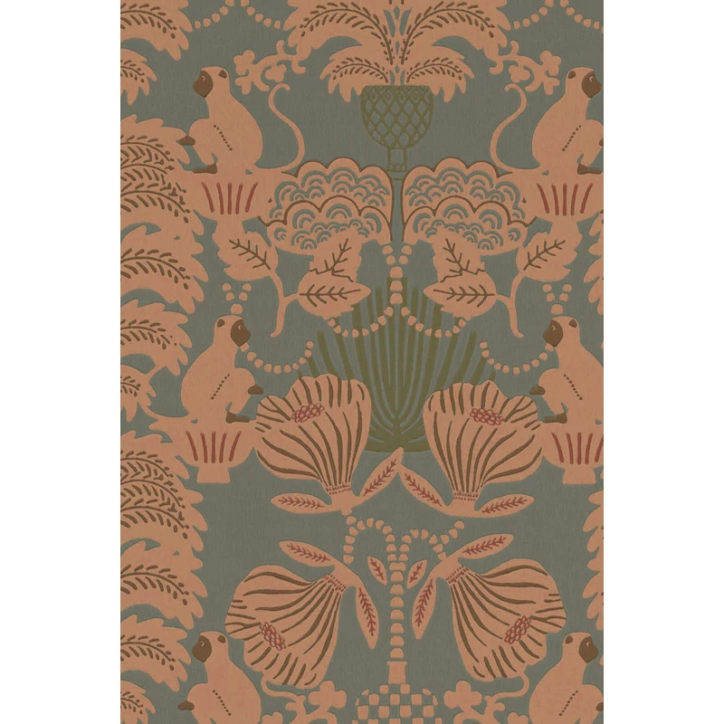 Majvillan Art deco stílusú majom mintás sötétzöld-bézs vlies tapéta Hello Monkey Rosemary Green 53 cm X 10 m