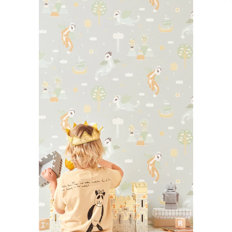 Majvillan Repülő sárkányok szürke vlies gyerek tapéta Magical Adventure Soft Grey 53 cm X 10 m