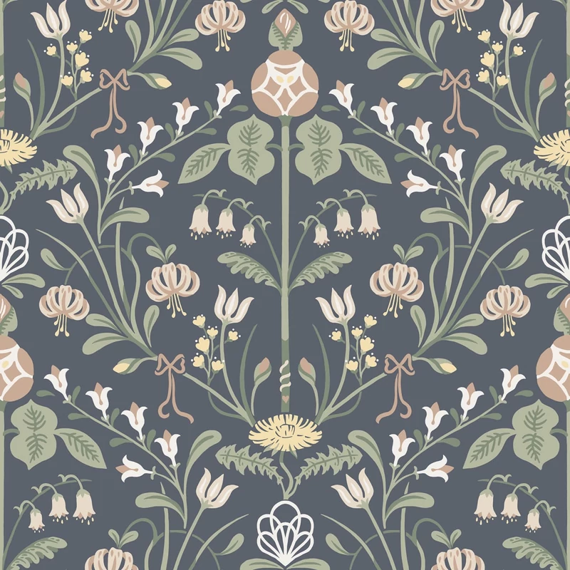 Sandberg Art nouveau stílusú sötétkék vlies tapéta Till Carl Indigo 53 cm X 10 m