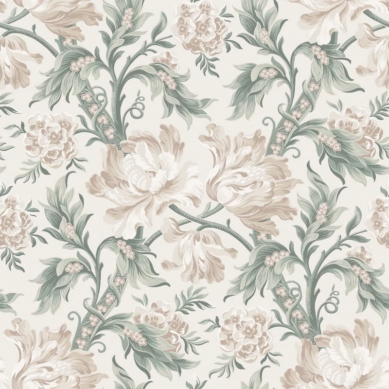 Sandberg Reneszánsz virágos zöld-bézs vlies tapéta Amelia Eggshell 53 cm X 10 m