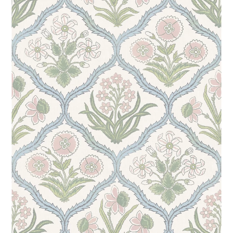 Sandberg Skandináv botanikai mintás zöld-rózsaszín vlies tapéta Rosa Blue 50 cm X 10 m