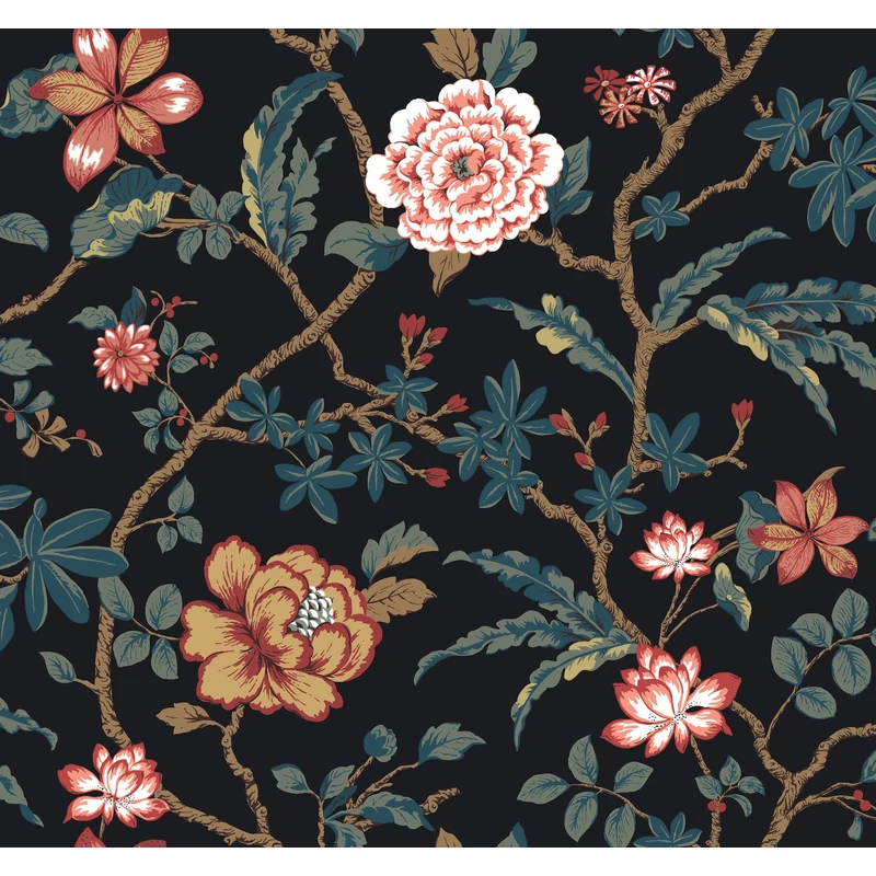 York Virág indás fekete vlies tapéta Courtyard Botanical tapéta Scarlet 68,58 cm X 8,22 m