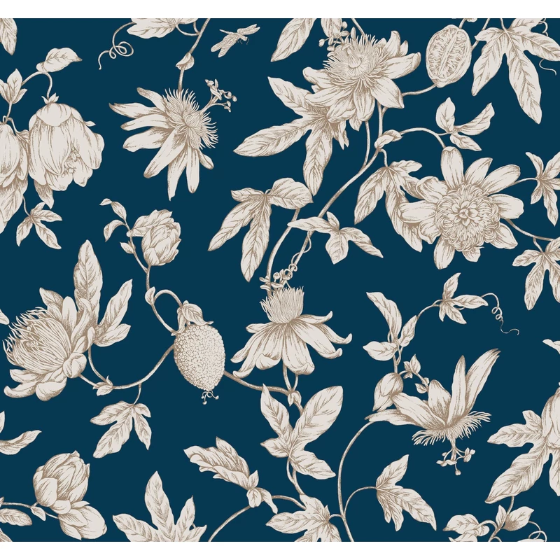 York Egzotikus viráginda sötétkék vlies tapéta Passion Flower Toile Navy 68,58 cm X 8,22 m