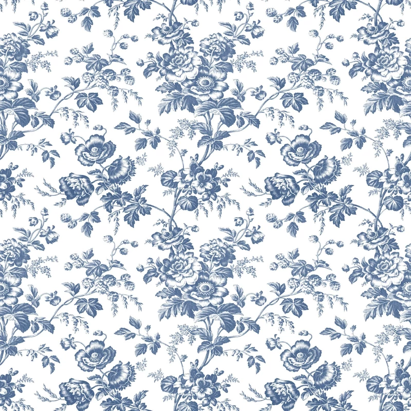 York Romantikus virágmintás kék-fehér vlies tapéta Anemone Toile Navy 52 cm X 10 m