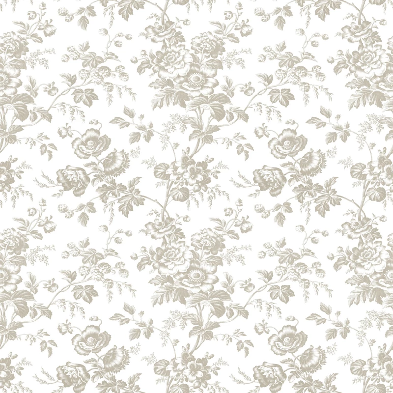 York Romantikus virágmintás barna-fehér vlies tapéta Anemone Toile Taupe 52 cm X 10 m