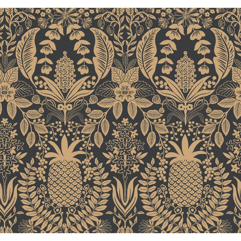 York Ananászos damaszk mintás fekete-arany vlies tapéta Pineapple Damask Black/Gold 68,58 cm X 8,22 m