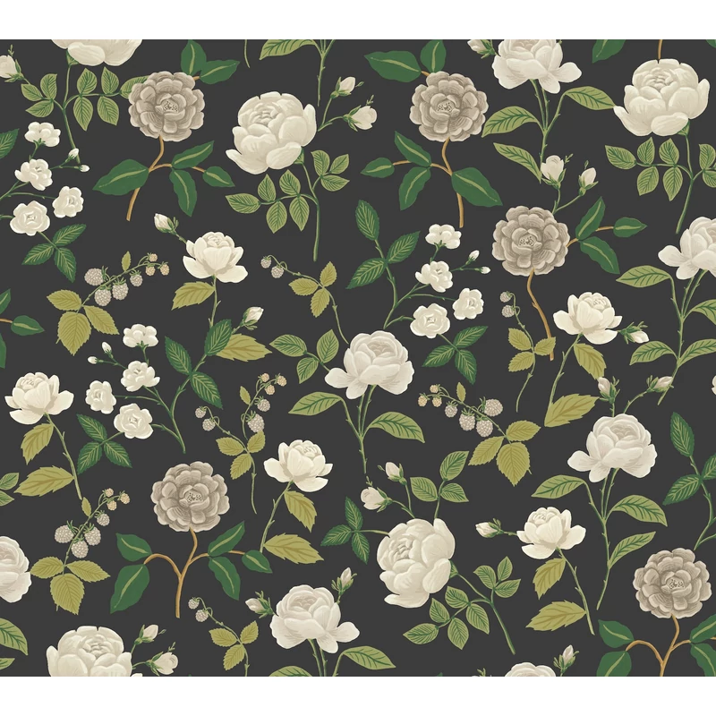 York Rózsa mintás fekete-zöld vlies tapéta Roses Black 68,58 cm X 8,22 m