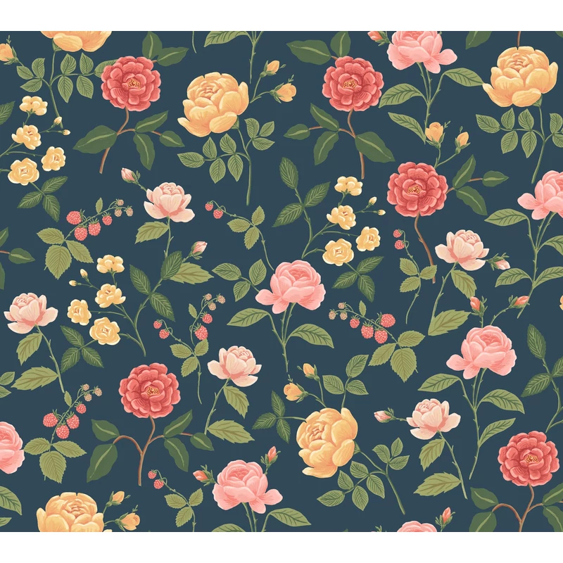 York Rózsa mintás sötétkék-sárga vlies tapéta Roses Navy 68,58 cm X 8,22 m