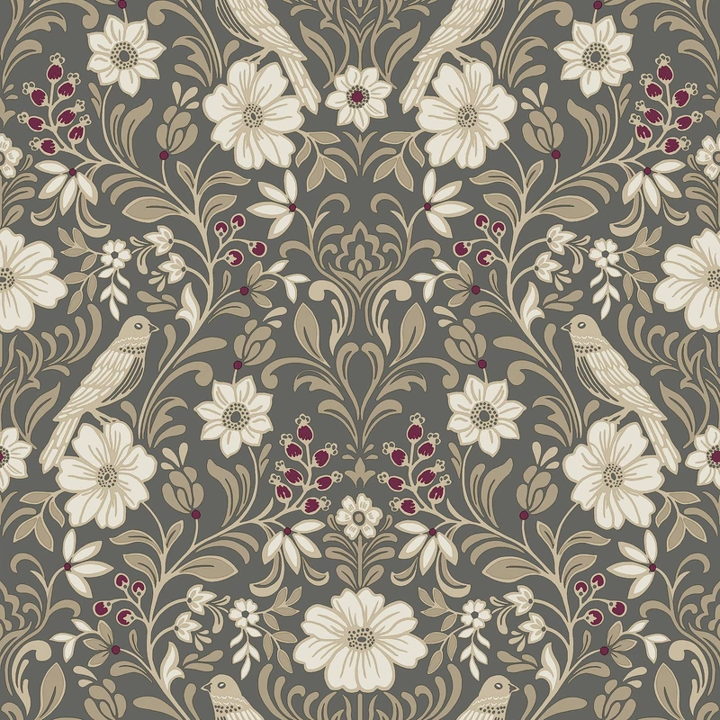 York Szecessziós stílusú madaras sötétszürke-bézs vlies tapéta Colette Charcoal 52 cm X 10 m