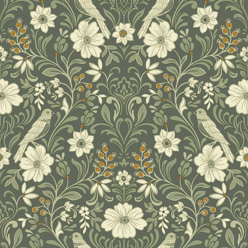 York Szecessziós stílusú madaras olivazöld vlies tapéta Colette Olive 52 cm X 10 m