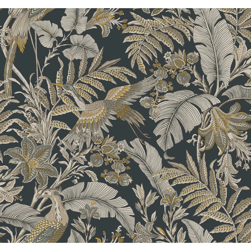 York Virágos fekete vlies tapéta darumadarakkal Heronwood Black 68,58 cm X 8,22 m