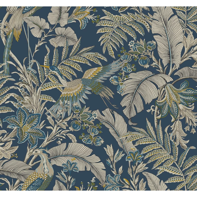 York Virágos kék vlies tapéta darumadarakkal Heronwood Navy 68,58 cm X 8,22 m